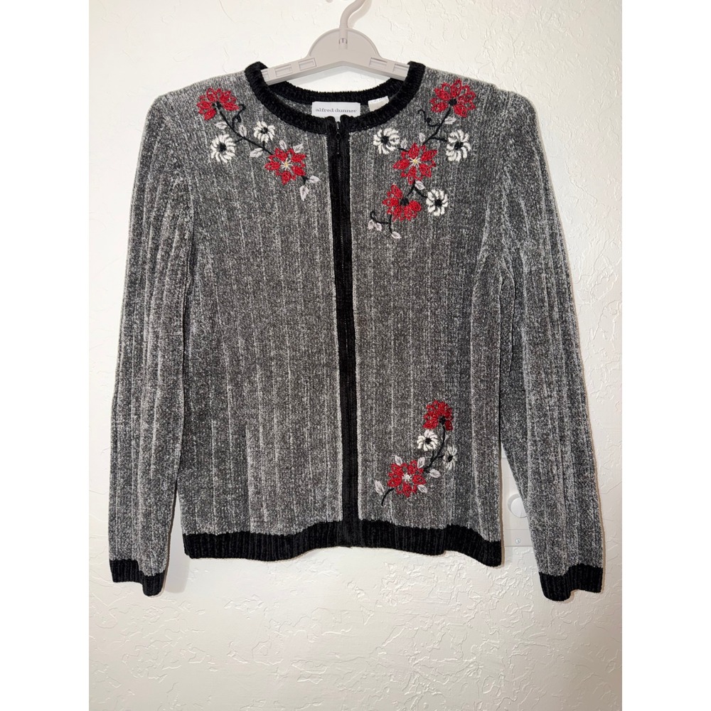 Vtg Alfred Dunner Chenille Cardigan M Petite Floral Embroidered Zip Sweater Gray
